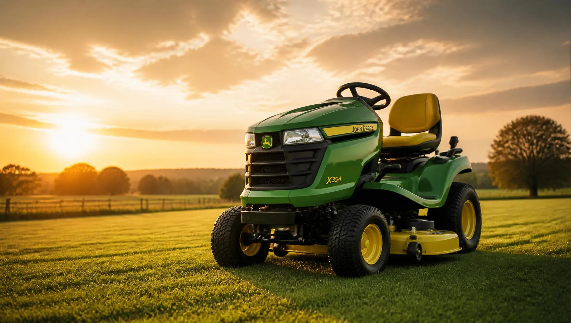 John Deere tractor on open farmland at golden hour